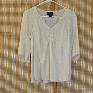 Angie Womens L Top White Embroidered 3/4 Sleeve V Neck Boho Beach Coastal Fairy